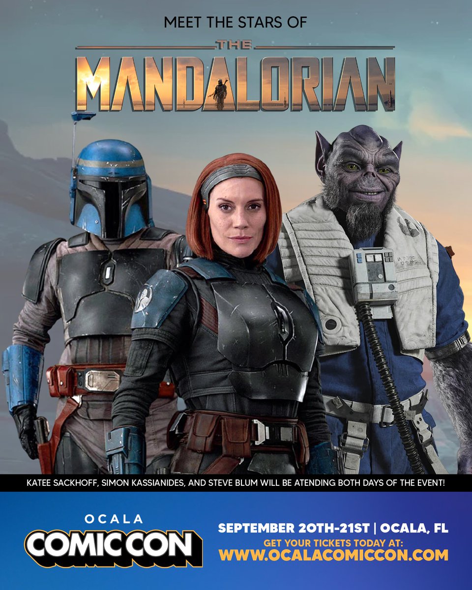 OcalaComicCon's tweet image. Meet the stars of #TheMandalorian at the September 20th-21sth, 2025 Ocala Comic Con in Ocala, FL!
Fans will have the chance to meet Katee Sackhoff, Simon Kassianides, and Steve Blum!
📷 Photo Ops Available Now: checkout.conventions.leapevent.tech/eh/2025_Ocala_…
