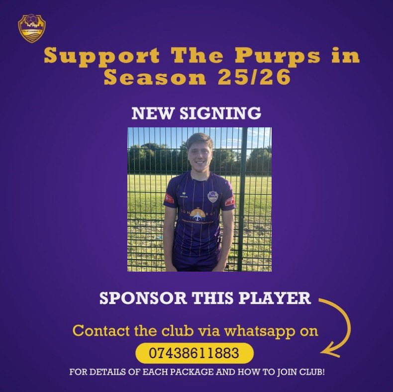 We are delighted to announce the signing of  Luke Boylan

Luke came off the bench in our friendly against Derby Arms and had a great impact on the second half. 

Welcome to the Club Luke 💜

🟣🟡
#upthepurps