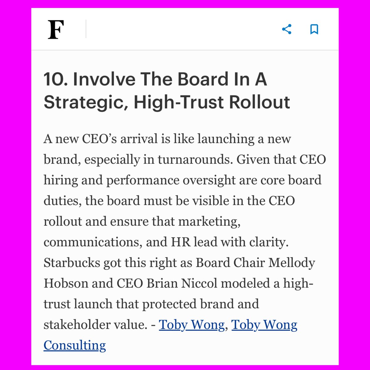 <a href="/Forbes/">Forbes</a>: CEO Transitions.  <a href="/Starbucks/">Starbucks</a> did a great job led by Board Chair Melody Hobson in modeling trust in launching new CEO Brian Niccol. Like new brand. 

Check-out recent <a href="/ForbesCommCncl/">Forbes Communications Council</a> Expert Panel:  bit.ly/3FZyDEk 

#CEO #CorporateBoards #BoardDirector #Starbucks