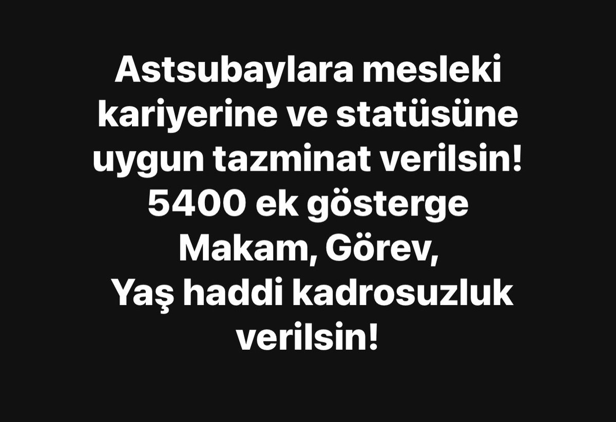 #ZaferinAdıAstsubay
Görev yaparken komutan
Emekli olunca emekli memur

Astsubay meslek kanunu
Okul kaynağının lisans seviyesine çıkarılması
Tsk Sınıf Okularının MSÜ bağlanması
Makam tazminatı
Görev tazminatı
Yaş haddi kadrosuzluk tazminatı
Tsk Sağlık malüllüğü tazminatı
Bekliyor!