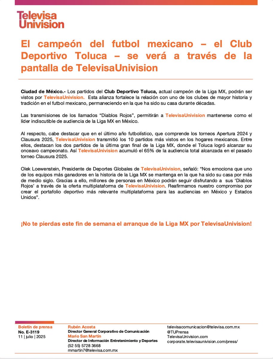 🏆 El campeón del futbol mexicano, el Club Deportivo Toluca, continuará escribiendo su historia en la pantalla de TelevisaUnivision. Nos honra seguir siendo la casa de uno de los equipos con mayor tradición en la Liga MX. #Toluca #TelevisaUnivision
