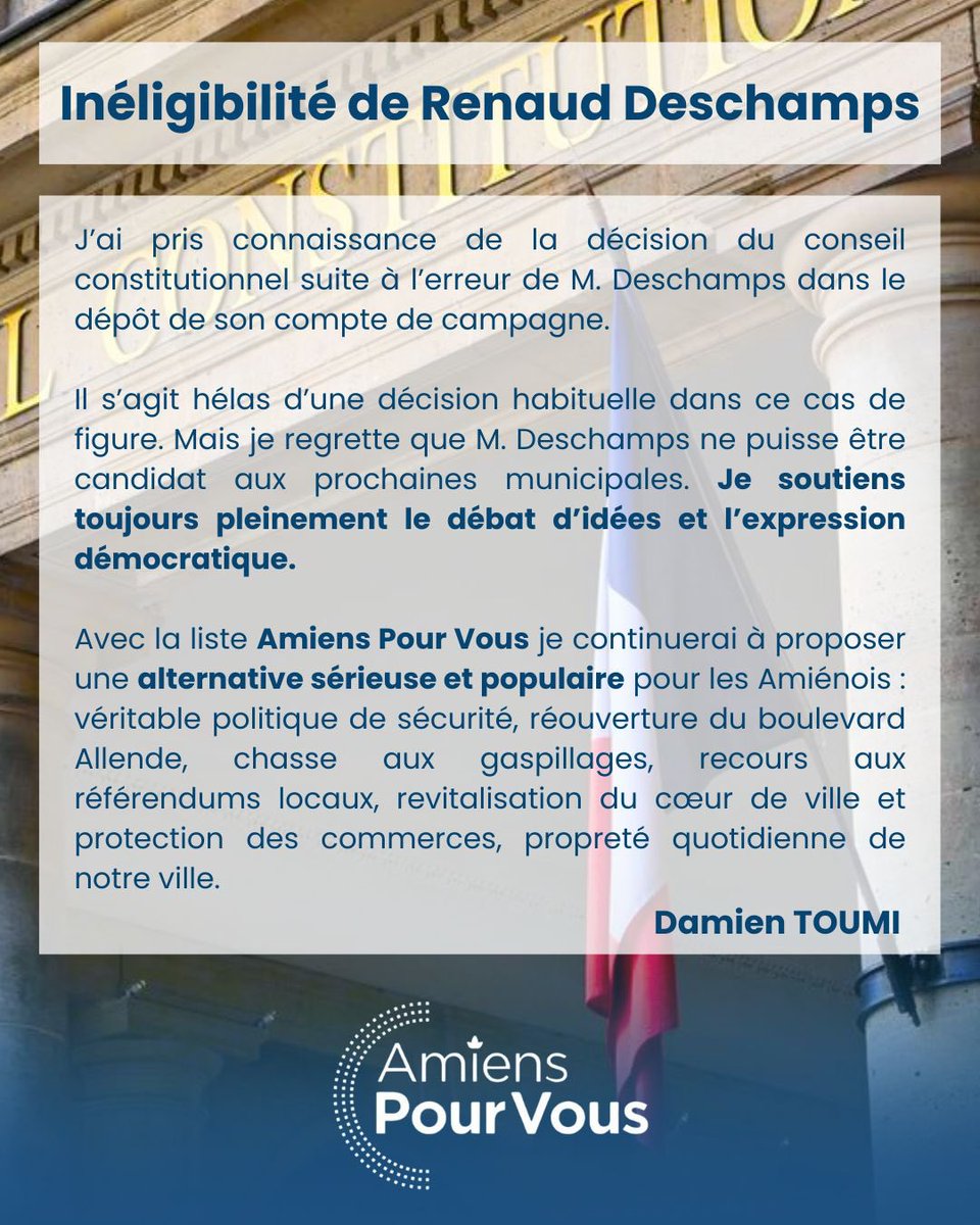 📣 Renaud Deschamps déclaré inéligible

Nous regrettons que M. Deschamps ne puisse être candidat aux municipales. Nous sommes toujours favorables au débat d’idées et à l’expression démocratique.

Amiens Pour Vous poursuit son engagement pour une alternative sérieuse et populaire.