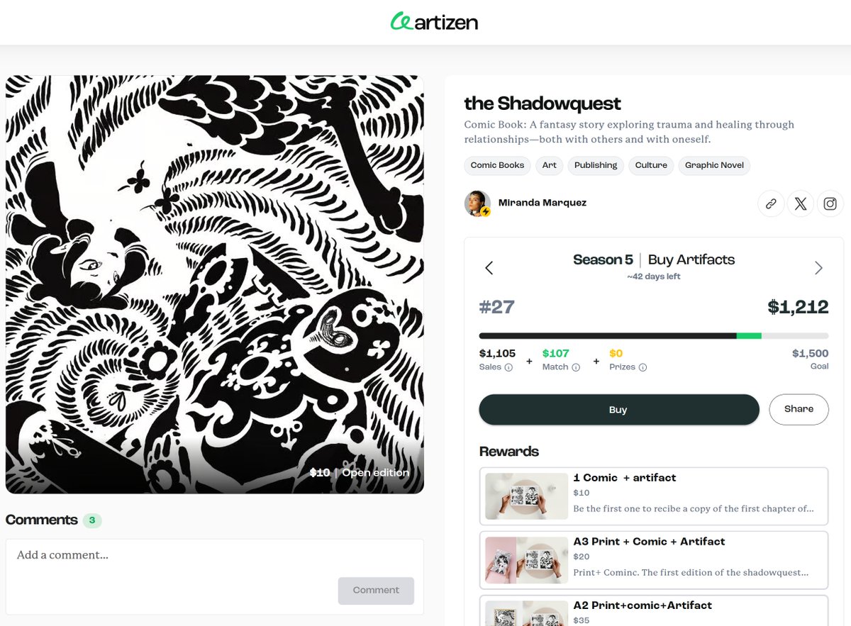 Who is our favorite creator currently on <a href="/ArtizenFund/">Artizen</a> ? That's an easy one 😉
👇👇👇
the Shadowquest, an illustrated fantasy story that explores trauma and healing through relationships by <a href="/MairMarquez/">Miranda Marquez</a> 💞
👇👇👇
artizen.fund/index/p/the-sh…
