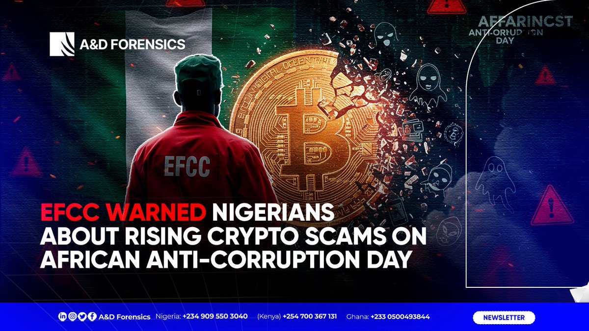 ForensicsD's tweet photo. During 𝐀𝐟𝐫𝐢𝐜𝐚𝐧 𝐀𝐧𝐭𝐢-𝐂𝐨𝐫𝐫𝐮𝐩𝐭𝐢𝐨𝐧 𝐃𝐚𝐲, the EFCC sounded the alarm on the growing misuse of virtual assets for Ponzi schemes and money laundering. Though crypto isn’t illegal, it's being weaponized by fraudsters to exploit unsuspecting investors.

>>> https://t.co/1QZaBA1GXu
