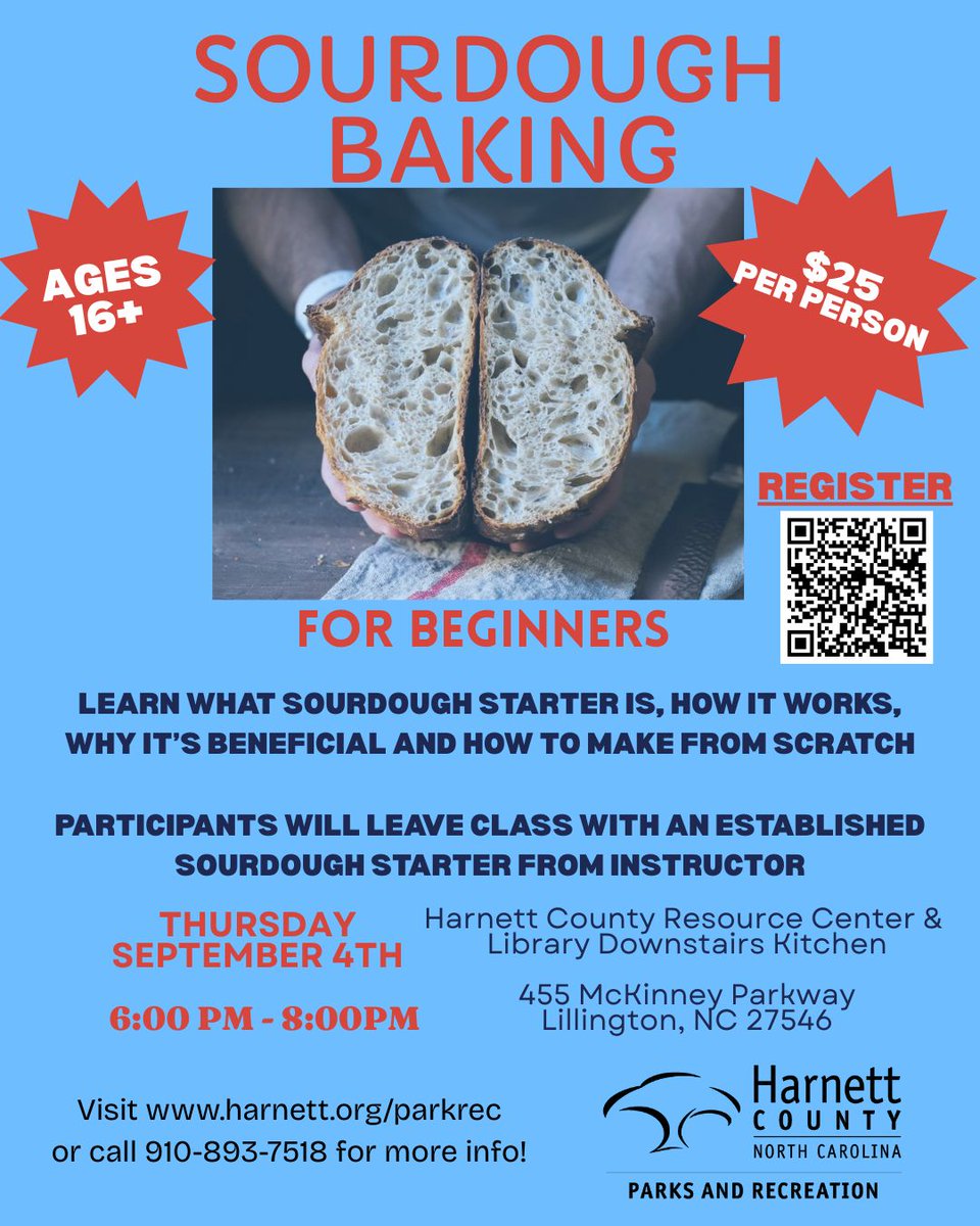 HarnettCoParks's tweet image. 🍞 👩🍳
BY POPULAR CRUMB-AND, WE HAVE A SECOND DATE AVAILABLE FOR THE SOURDOUGH BAKING FOR BEGINNERS!
Registration is live now and spots will go fast! Register by visiting buff.ly/GgdK21C or calling 910-893-7518!