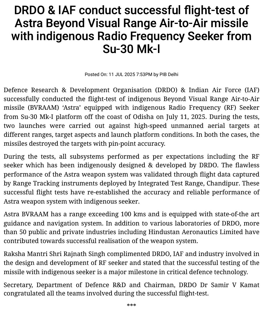 delhidefence's tweet image. Defence Research & Development Organisation & Indian Air Force successfully conducted the flight-test of indigenous Beyond Visual Range Air-to-Air missile (BVRAAM) ‘Astra’ equipped with indigenous Radio Frequency (RF) Seeker from Su-30 Mk-I.