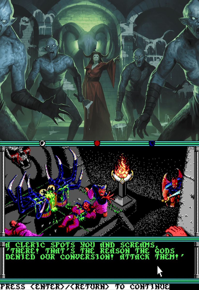 Digging through the new Dragon Delves adventure anthology, and I couldn't help but notice a bit of a parallel to some classic #DnD pixel art from the old Gold Box #Dragonlance adventure, Champions of Krynn. I approve!