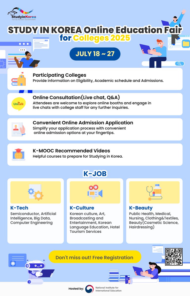 El Centro Study in Korea organiza "Online Education Fair with Colleges 2025" del 18 al 27 de julio de 2025, dirigida a estudiantes extranjeros interesados en estudiar en Corea. Las inscripciones están abiertas en el sitio web studyinkorea.go.kr/ko/expo/preRgs…
