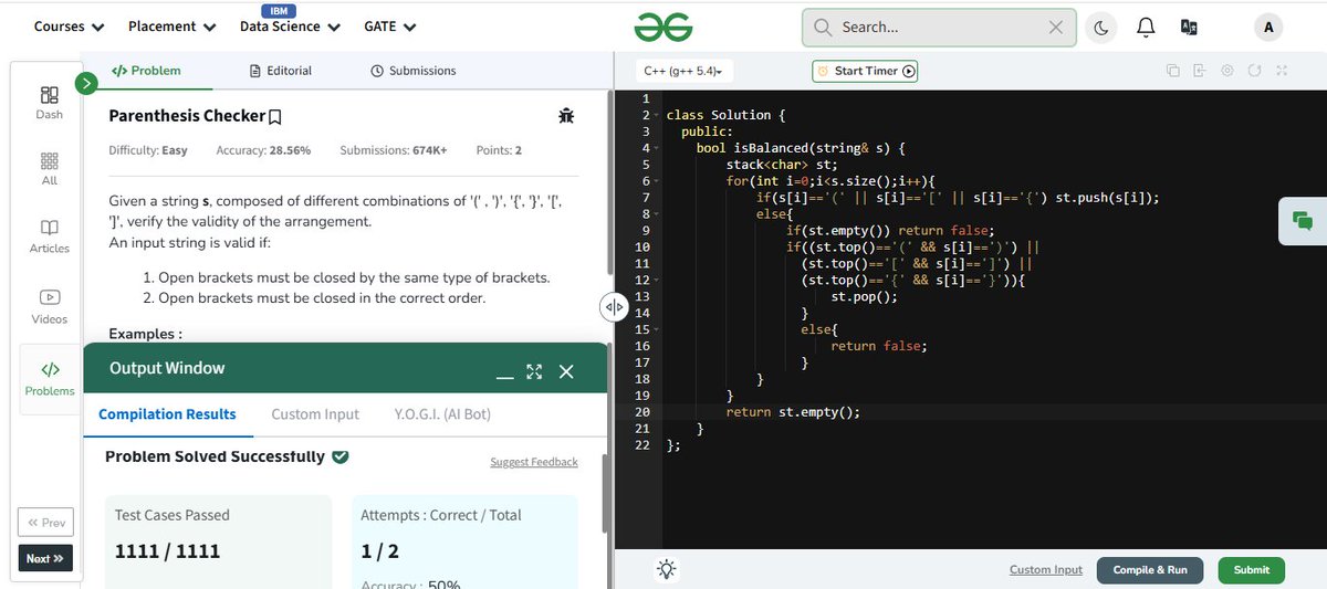 AkashPraja93120's tweet photo. Day 99 of GFG 160 Days

Problem Solved:-"Parenthesis Checker"
   
This challenge pushed me to think critically and sharpen my approach.

Grateful to @geeksforgeeksfor such structured and rewarding learning journey! #gfg160 #geekstreak2025 https://t.co/6NWQWNnGfG