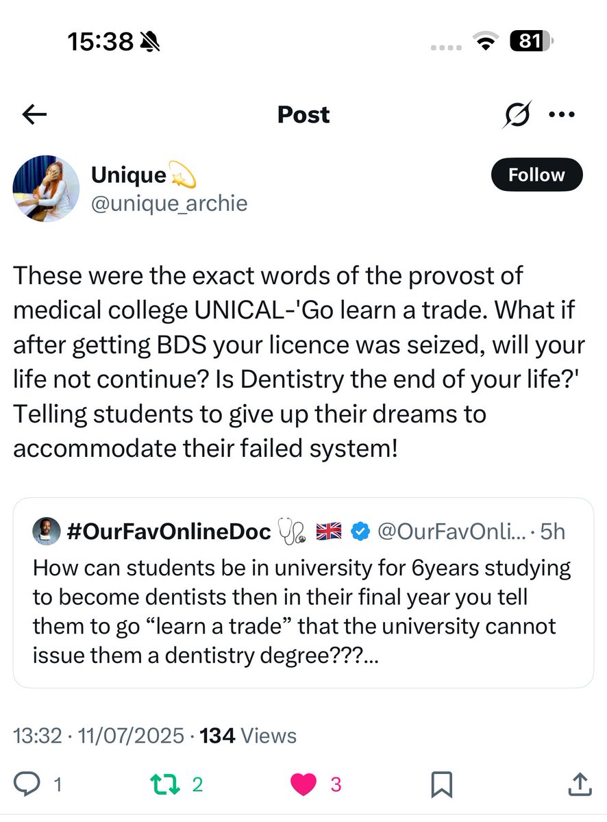 OurFavOnlineDoc's tweet image. The VC University of Calabar is planning to expel 300 dental students after giving them an admission and many of them spending up to 6years in school.

Reason:
The university admitted more students than they are legally allowed to.

The VC told them to go and “learn trade”.

Pls…