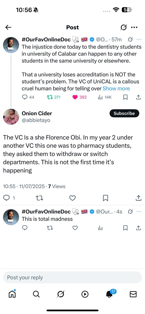 OurFavOnlineDoc's tweet image. The VC University of Calabar is planning to expel 300 dental students after giving them an admission and many of them spending up to 6years in school.

Reason:
The university admitted more students than they are legally allowed to.

The VC told them to go and “learn trade”.

Pls…