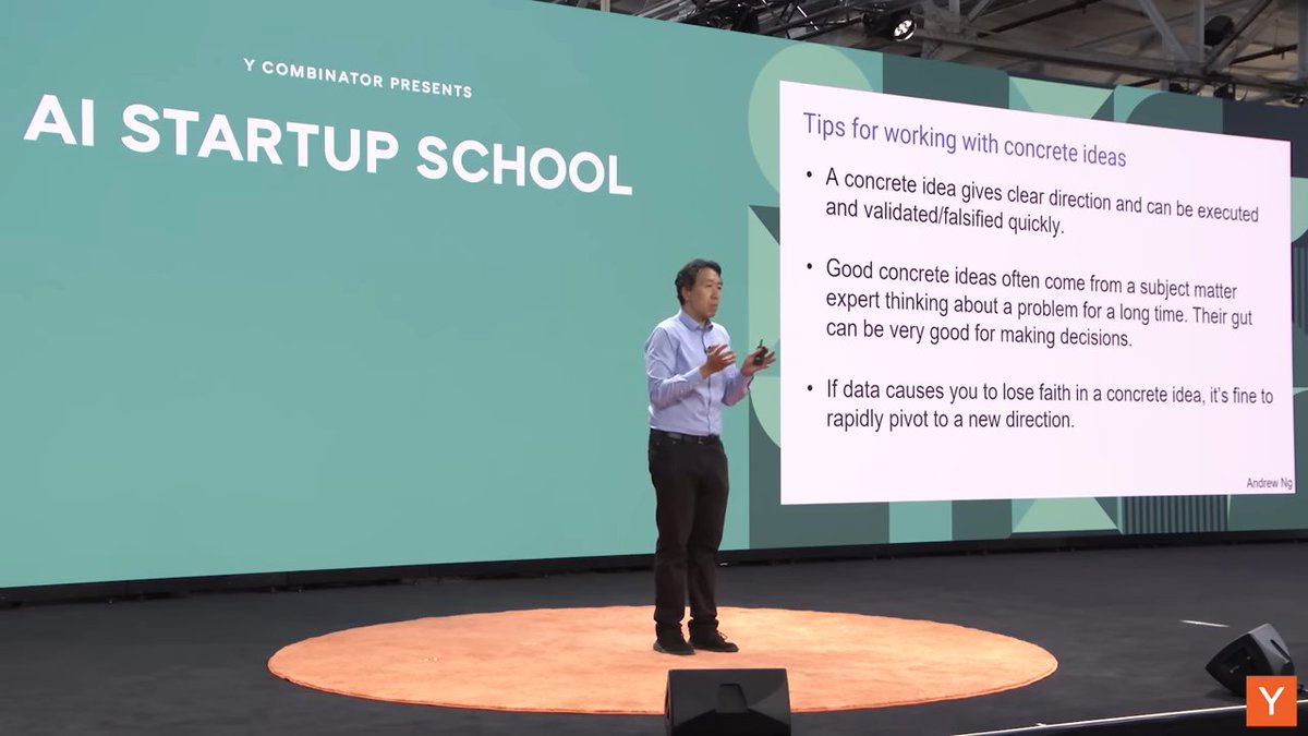 erfnzdeh's tweet image. Here are my key takeaways from @AndrewYNg talk at YC Startup School:
1. FOCUS ON CONCRETE IDEAS
To achieve speed, startups should focus on concrete ideas that are specific enough for engineers to build quickly, allowing for rapid validation or invalidation. (1/4)