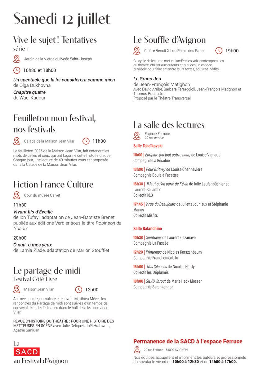 SACDParis's tweet image. #avignon
Au programme demain, déjà les dernières représentations des 2 Vive le sujet ! Tentatives signés Olga Dukhovna et Wael Kadour.
A 11h, coup d'envoi du Feuilleton Mon festival, nos festivals dans la calade de la Maison Jean Vilar.
⬇️⬇️ Le programme complet ⬇️⬇️