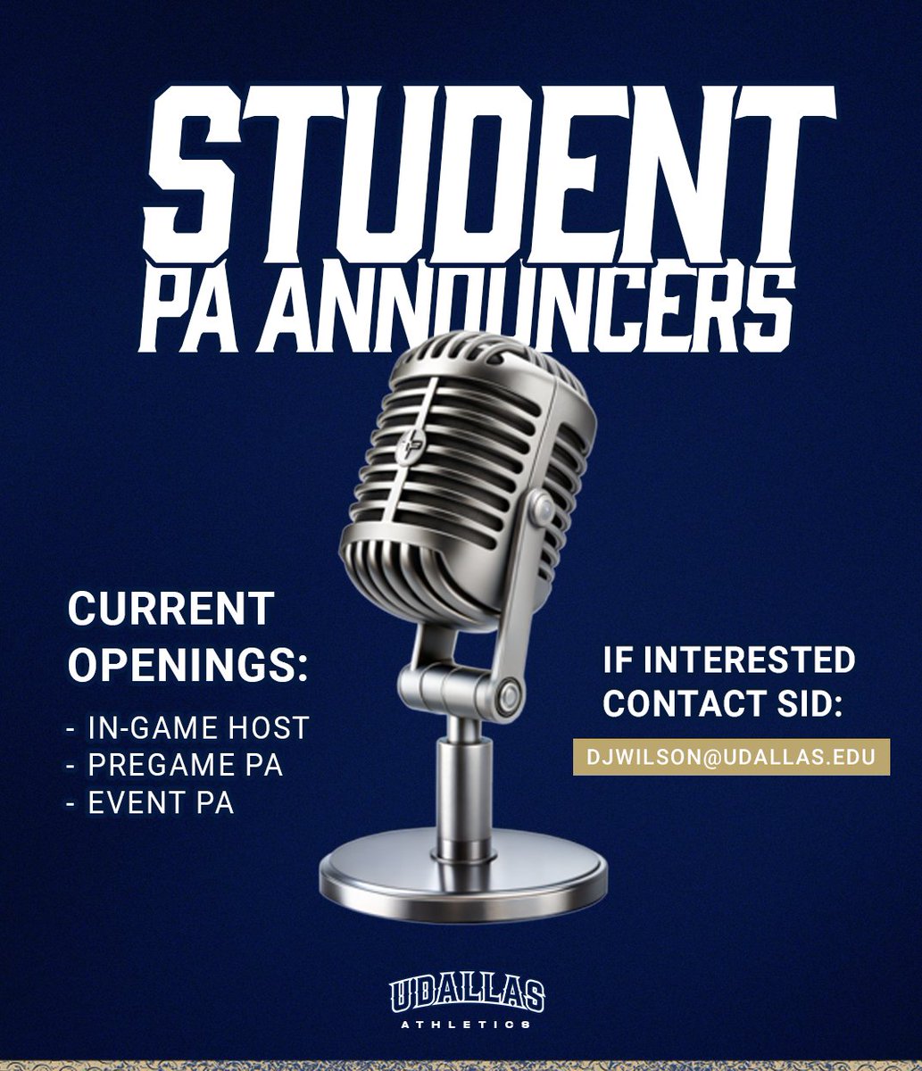 The UDallas Crusaders are searching for student talent to fill their Public Address Announcer roles ASAP! 

Are you ready to be the voice of Crusader Nation?!