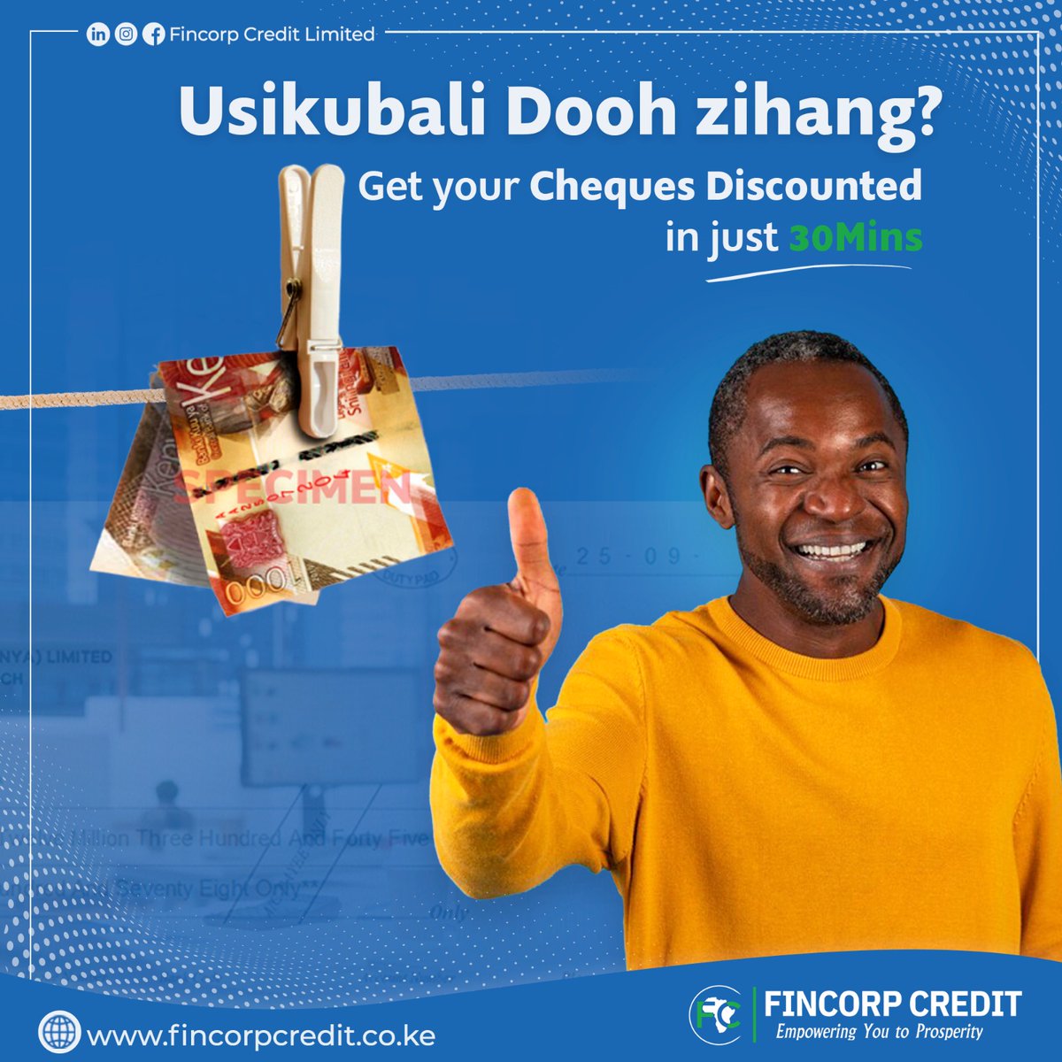 FinCorpCredit's tweet image. Usikubali dooh zihang hii weekend, Get your Cheques discounted with us in just 30mins.

For inquiries call 0706355355

#chequediscounting
#fincorpcredit