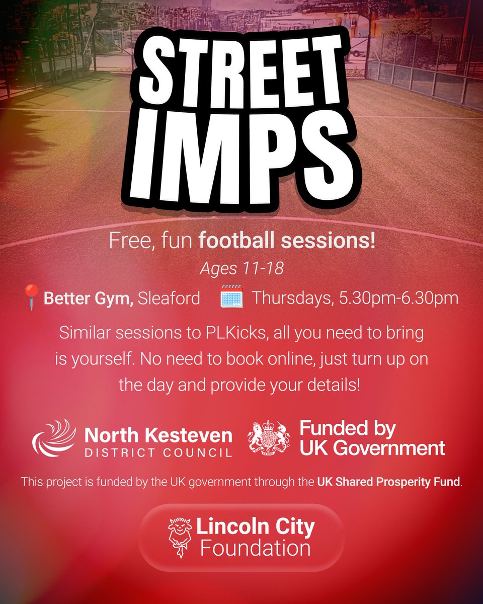 LCityFoundation's tweet image. Street Imps kicks off every Thursday in Sleaford! ⚽
✅ Free to attend
✅ For young people aged 11–18
📍 Better Gym, Sleaford
🕠 5.30pm–6.30pm
No booking required—just turn up and get involved!
This project is funded by the UK government through the UK Shared Prosperity Fund.