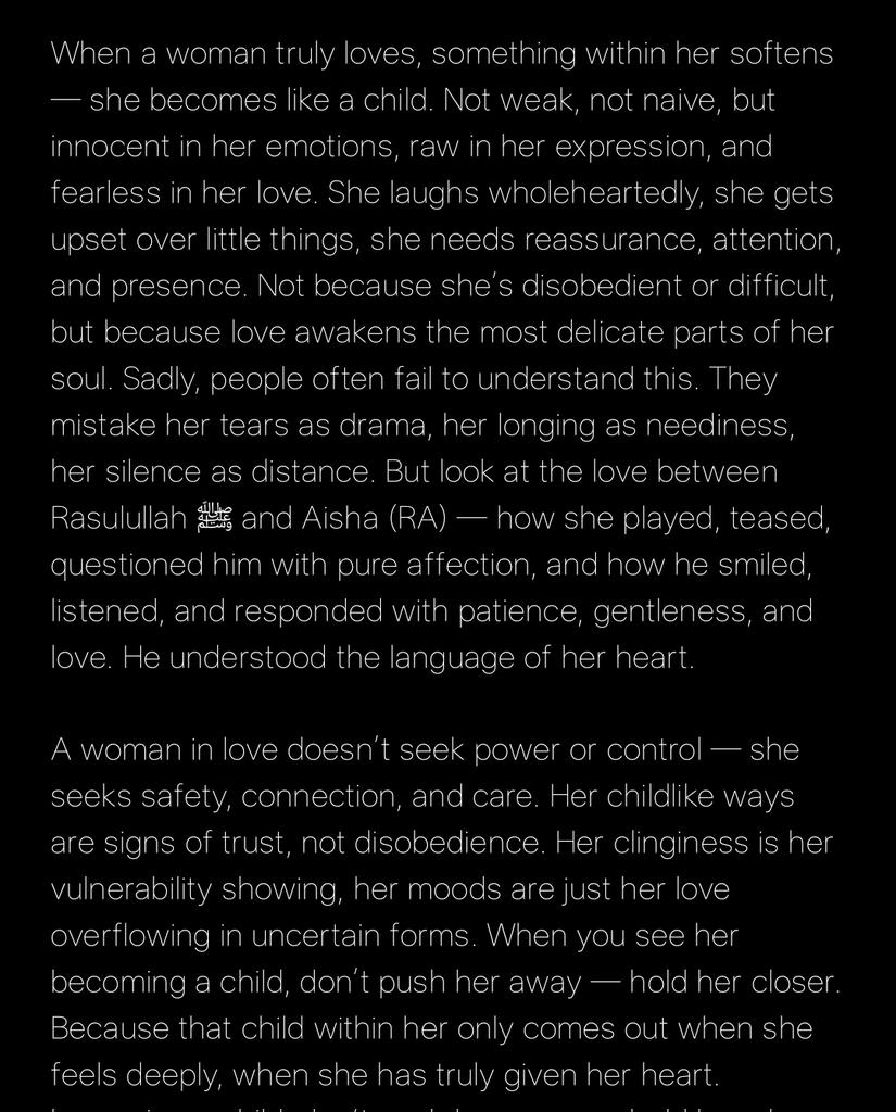 zarkadar1's tweet photo. When a woman truly loves, she becomes a child — not immature, just beautifully vulnerable.❤️‍🩹 https://t.co/SuoqK8ehq8