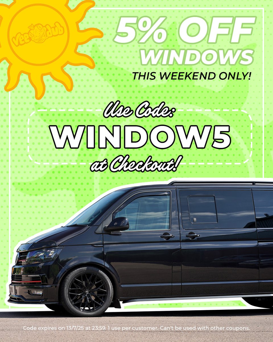 Grab 5% Off our Vee Dub Windows THIS WEEKEND ONLY! ☀️🔥

Use Code: WINDOW5 at checkout! 🛒

*Code expires on 13/7/25 at 23:59. 1 use per customer. Can't be used with other coupons.*

Find Windows for your Transporter here! ⏬
veedubtransporters.co.uk/product-tag/wi…
