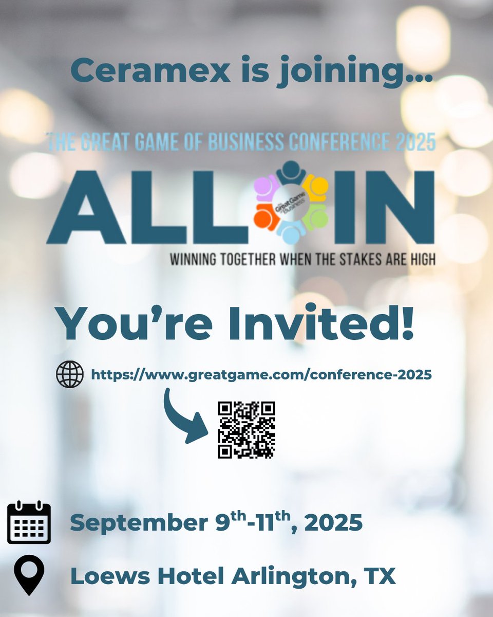 🎉 Ceramex is going all in, and you're invited! 🎉
We’re excited to announce our participation in the Great Game of Business Conference 2025 this September in Arlington, TX!
Join us as we connect, collaborate, and grow with business leaders from across the country.

📅 September