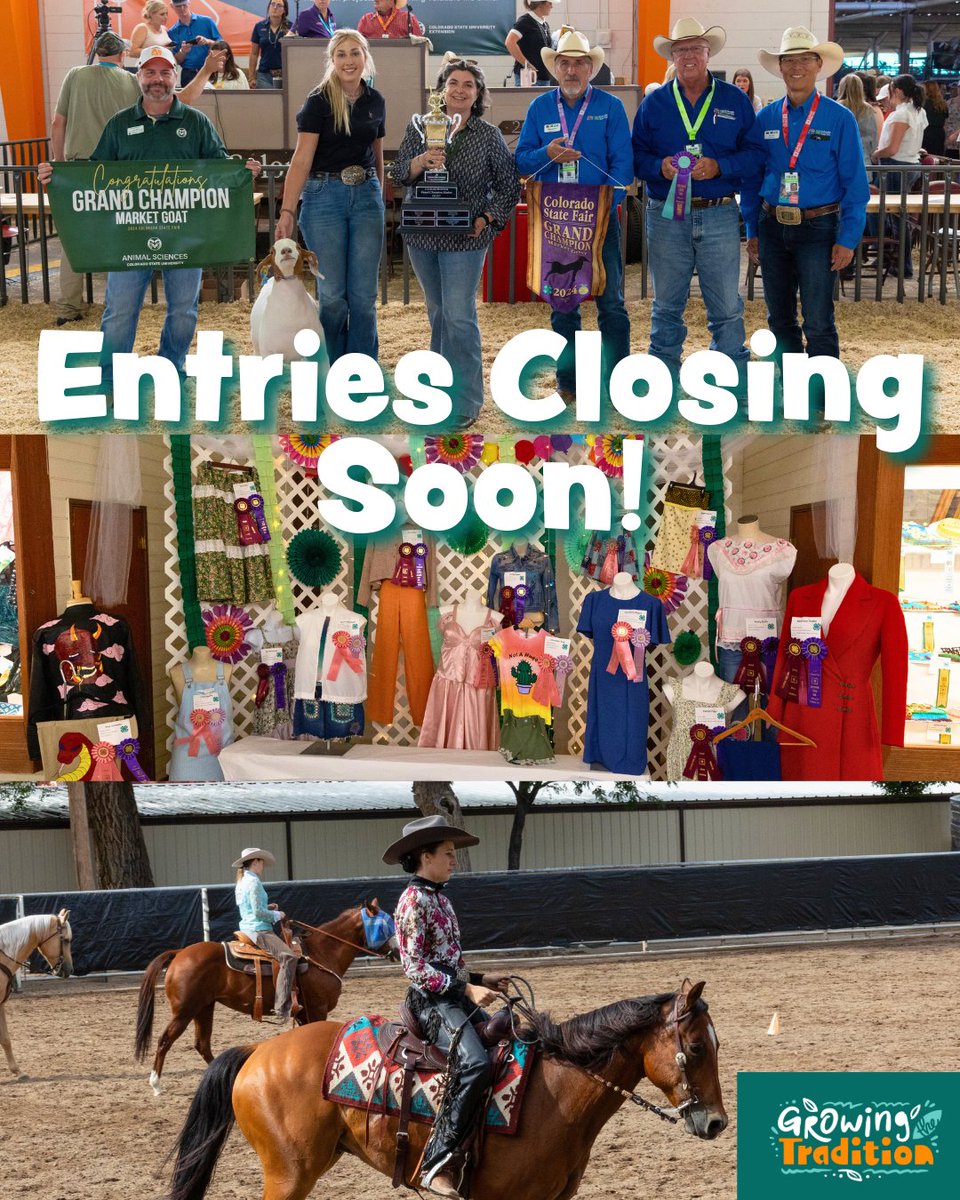 ⏳ Time’s running out! Get your exhibit or animal entry in before the deadline.
coloradostatefair.com/competitions/g…

#ColoradoStateFair #GrowingTheTradition #LastCall