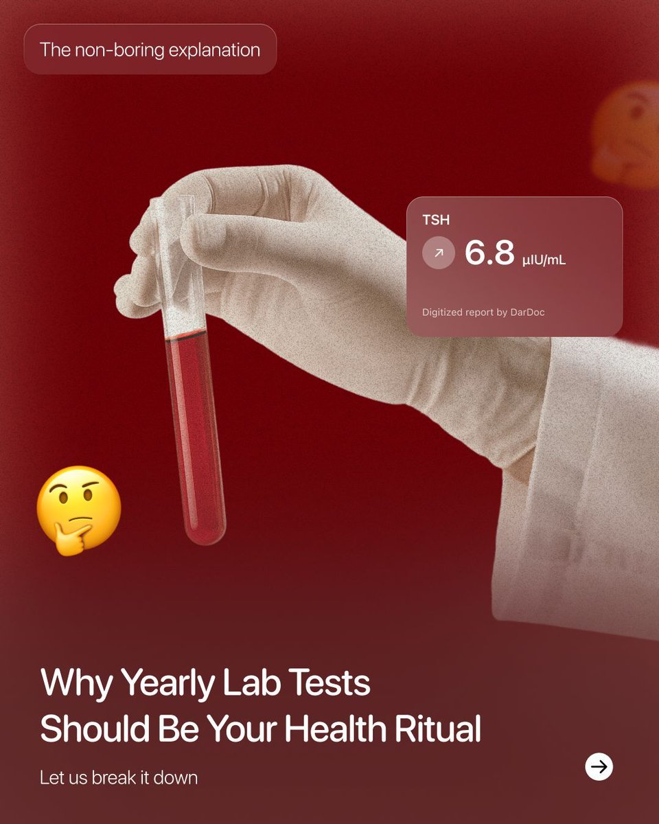 dardocofficial's tweet image. “I’m fine” isn’t proof.
You upgrade your phone yearly, but skip lab tests for years.
Track your health before symptoms show up.
📲 Book your test on the DarDoc app.

#LabTest #KnowYourNumbers #DarDoc #PreventiveCare #UAEHealthcare