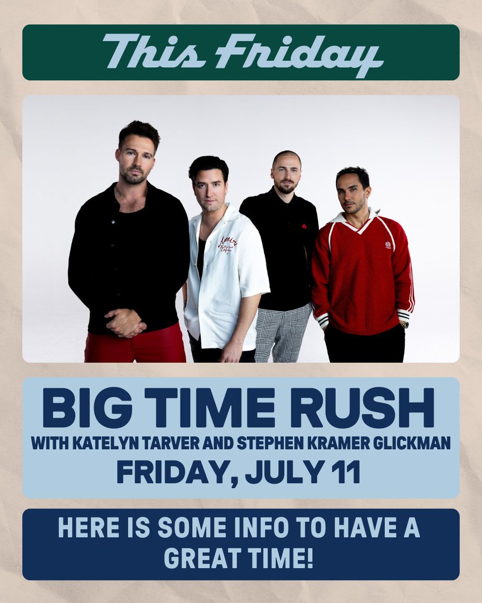 Ascend_amp's tweet image. π TONIGHT - FRIDAY 7/11 π Big Time Rush w/ Katelyn Tarver and Stephen Kramer Glickman at Ascend Amphitheater!
ποΈ Gates Open: 5:30 PM
πΆ Show Time: 7:00 PM
π² Want updates on tonight's event? Text "BTR" to +1 (615) 437-4413
β¬οΈ Check out our upgrades π livemu.sc/4kryRCh