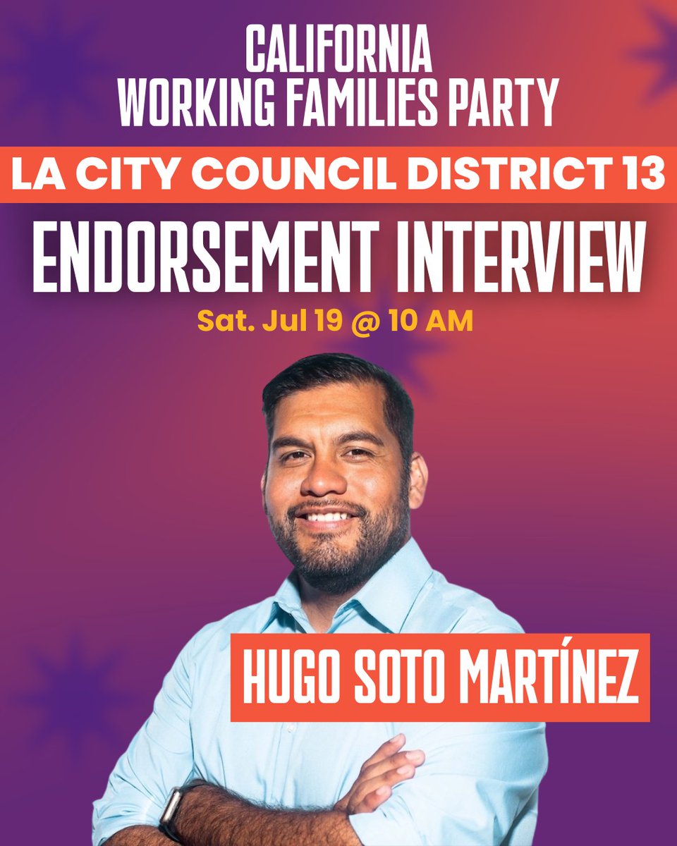 CA_WFP's tweet image. LOS ANGELES 📣 Join us on Sat, July 19 as we interview LA City Council Candidates (D 9, 11 & 13) for the Working Families Party endorsement!
mobilize.us/ca-wfp/event/8…