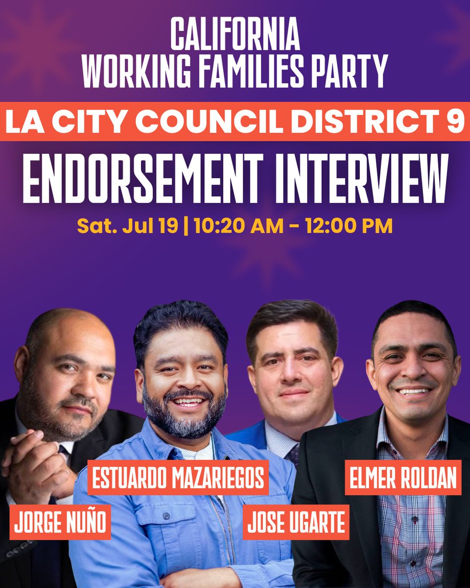 CA_WFP's tweet image. LOS ANGELES 📣 Join us on Sat, July 19 as we interview LA City Council Candidates (D 9, 11 & 13) for the Working Families Party endorsement!
mobilize.us/ca-wfp/event/8…