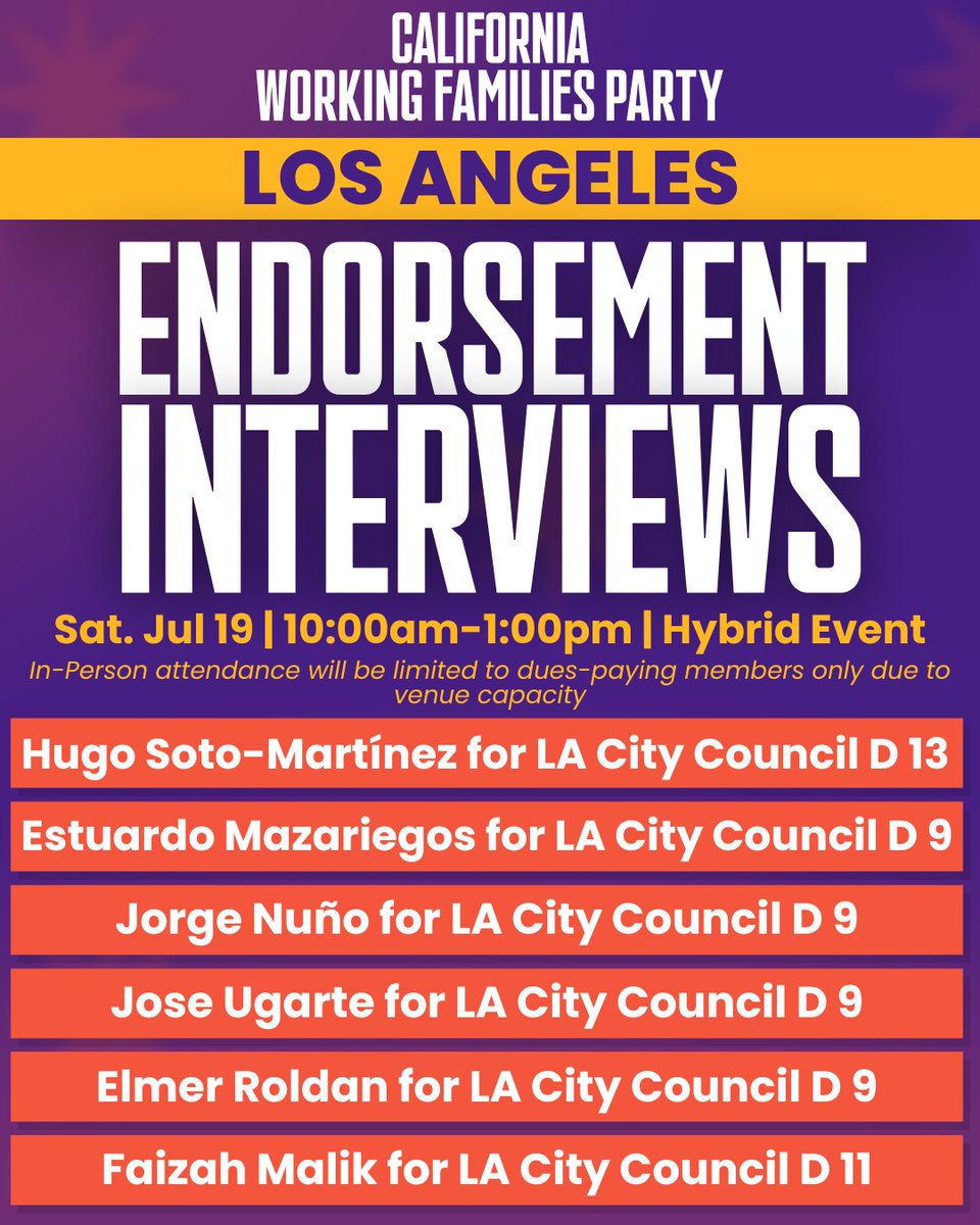 CA_WFP's tweet image. LOS ANGELES 📣 Join us on Sat, July 19 as we interview LA City Council Candidates (D 9, 11 & 13) for the Working Families Party endorsement!
mobilize.us/ca-wfp/event/8…