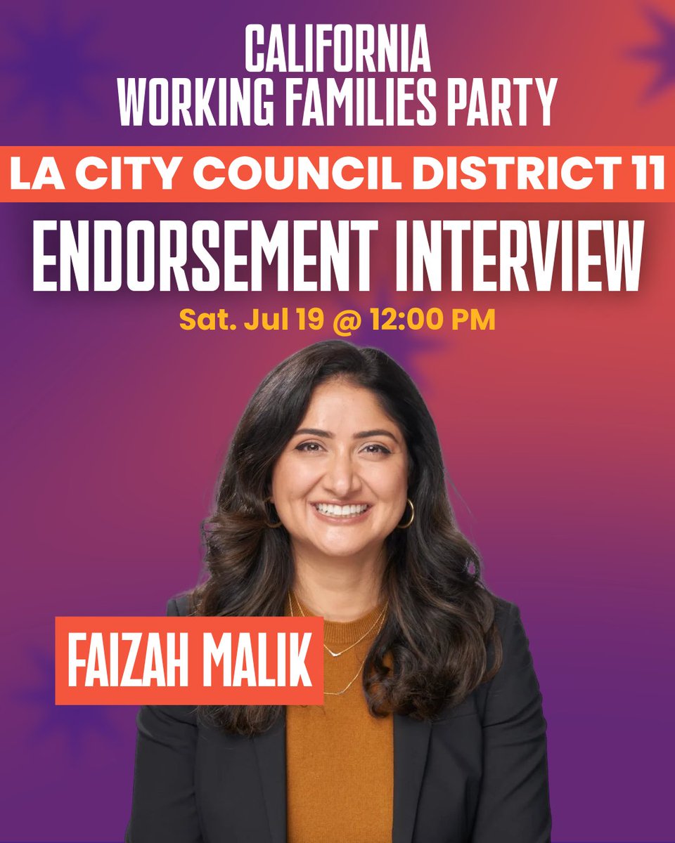 CA_WFP's tweet image. LOS ANGELES 📣 Join us on Sat, July 19 as we interview LA City Council Candidates (D 9, 11 & 13) for the Working Families Party endorsement!
mobilize.us/ca-wfp/event/8…
