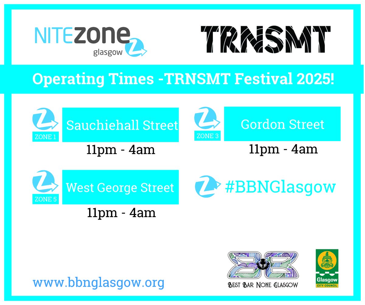GlasgowCC's tweet image. Get @TRNSMTfest ready. Always plan how you’ll get there and get home. Book transport in advance if you can. Our NiteZone Taxi Ranks located in the City Centre will help you 👇
#partyhardstaysafe #BBNGlasgow