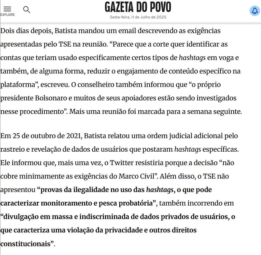 Eli Vieira (@elivieirajr) on Twitter photo Você postou a hashtag #VotoDemocráticoAuditável em 2021? Então o <a href="/TSEjusbr/">TSE</a> tentou coletar seus dados pessoais, como revelaram emails internos do Twitter que publicamos há um ano e três meses.
Rafael Batista, então consultor jurídico sênior do Twitter, disse que o TSE podia estar Você postou a hashtag #VotoDemocráticoAuditável em 2021? Então o <a href="/TSEjusbr/">TSE</a> tentou coletar seus dados pessoais, como revelaram emails internos do Twitter que publicamos há um ano e três meses.
Rafael Batista, então consultor jurídico sênior do Twitter, disse que o TSE podia estar