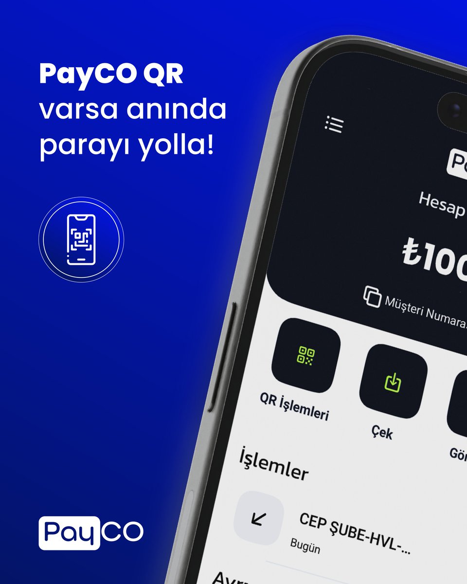 Nakit aramaya son, IBAN derdi yok!
PayCO QR ile saniyeler içinde para gönder, güvenle para talep et.

Telefonunu çıkar, QR’ı okut, işlem tamam! Kolay, hızlı ve temassız transferin yeni adresi: PayCO.

#PayCO #finansınkolayıo