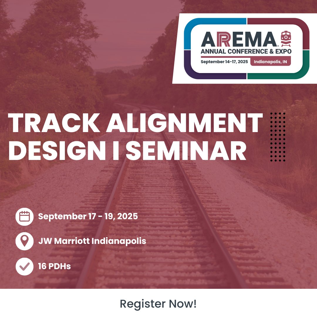 Master track design at our Track Alignment Design I Seminar (Sept 17-19).

Gain practical skills in alignment, curves, grades &amp; turnouts. Ideal for rail pros (1-5 yrs exp).

Register 👉 zurl.co/1V1hH 

#TrackDesign #RailwayEngineering #AREMA2025 #EngineeringEducation