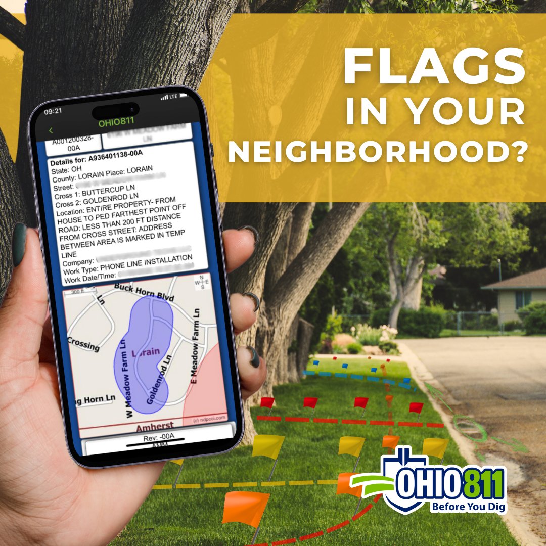 OHIO811's tweet image. Curious about those colored flags or markings along your street?
With the OHIO811 mobile app, you can get answers in just a few taps using the Near Ticket feature. It displays excavation notifications within 1,000 feet of your current location, tracking digging activity from the…