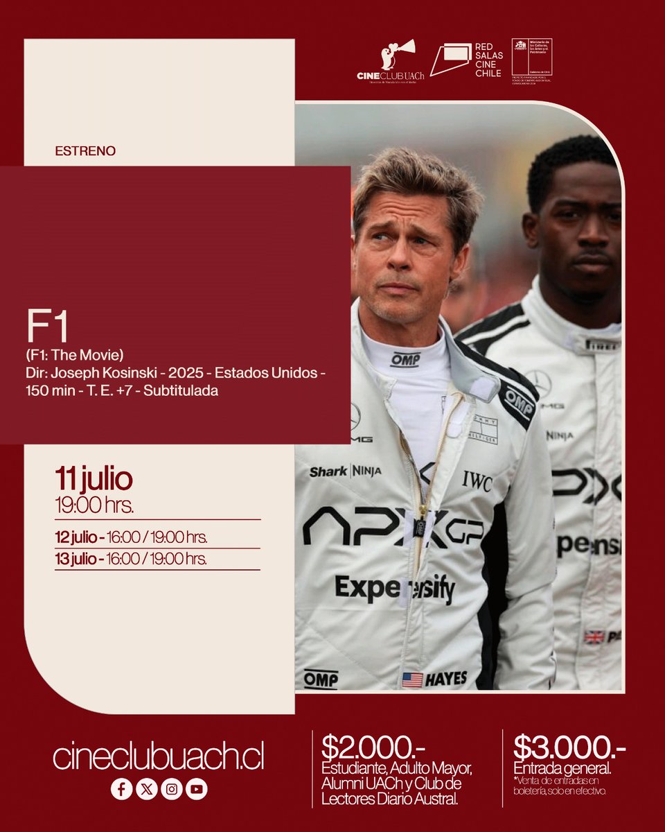 “F1”, protagonizada por Brad Pitt, se estrena en el Cine Club UACh - mailchi.mp/4701bd34a215/f…