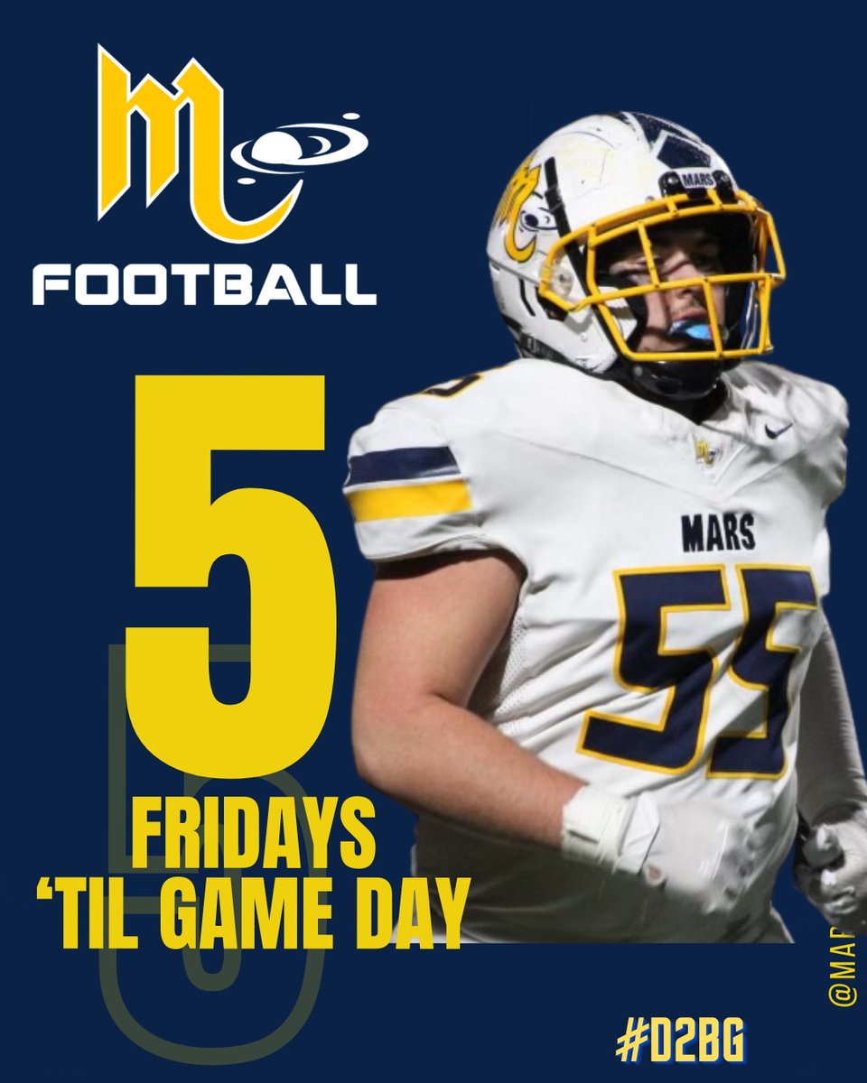 Mars HS Football (@marshsfootball) on Twitter photo Every second is closer to the start of something special...Let's make history!!
Just 5 more Fridays without Football and then on
Aug. 22nd it's #FridayNightLights
#D2BG ๐ฝ๐๐ช
<a href="/MarsAreaSD/">Mars Area SD</a> <a href="/MASDFP/">Mars Area Athletic Department</a> Every second is closer to the start of something special...Let's make history!!
Just 5 more Fridays without Football and then on
Aug. 22nd it's #FridayNightLights
#D2BG ๐ฝ๐๐ช
<a href="/MarsAreaSD/">Mars Area SD</a> <a href="/MASDFP/">Mars Area Athletic Department</a>