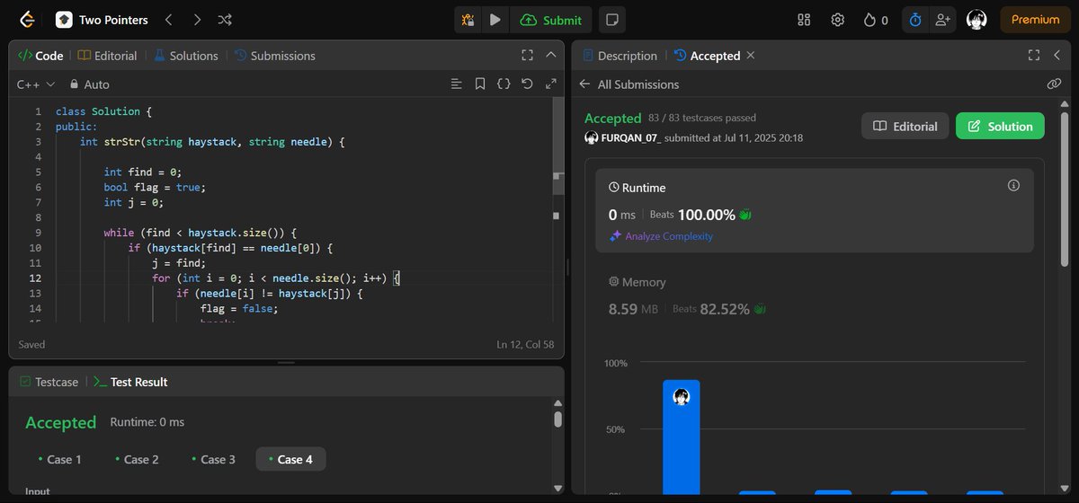 B_Furqan07's tweet image. 🔥 Day 124 – LeetCode 28: Find the Index of the First Occurrence in a String
🧵 Checked prefix with two pointers
⚡ Runtime: 0 ms
#LeetCode #C++ #TwoPointers