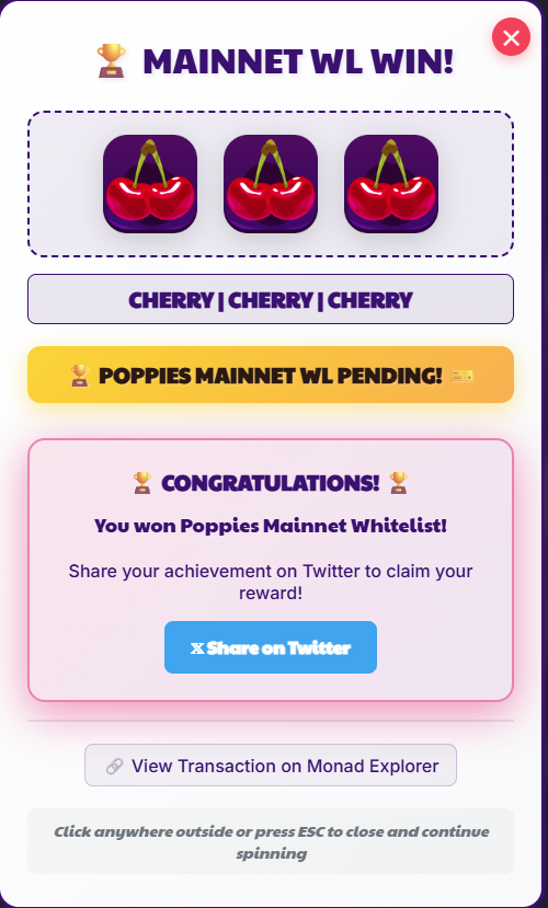 0xwestfury's tweet image. life&apos;s good, god is great 🙌

just won @poppiesxyz Mainnet WL by spinning a slot machine with monad testnet tokens

never thought it&apos;d be this easy lol

you gotta try it here: gamble.poppiesnft.xyz

IPY