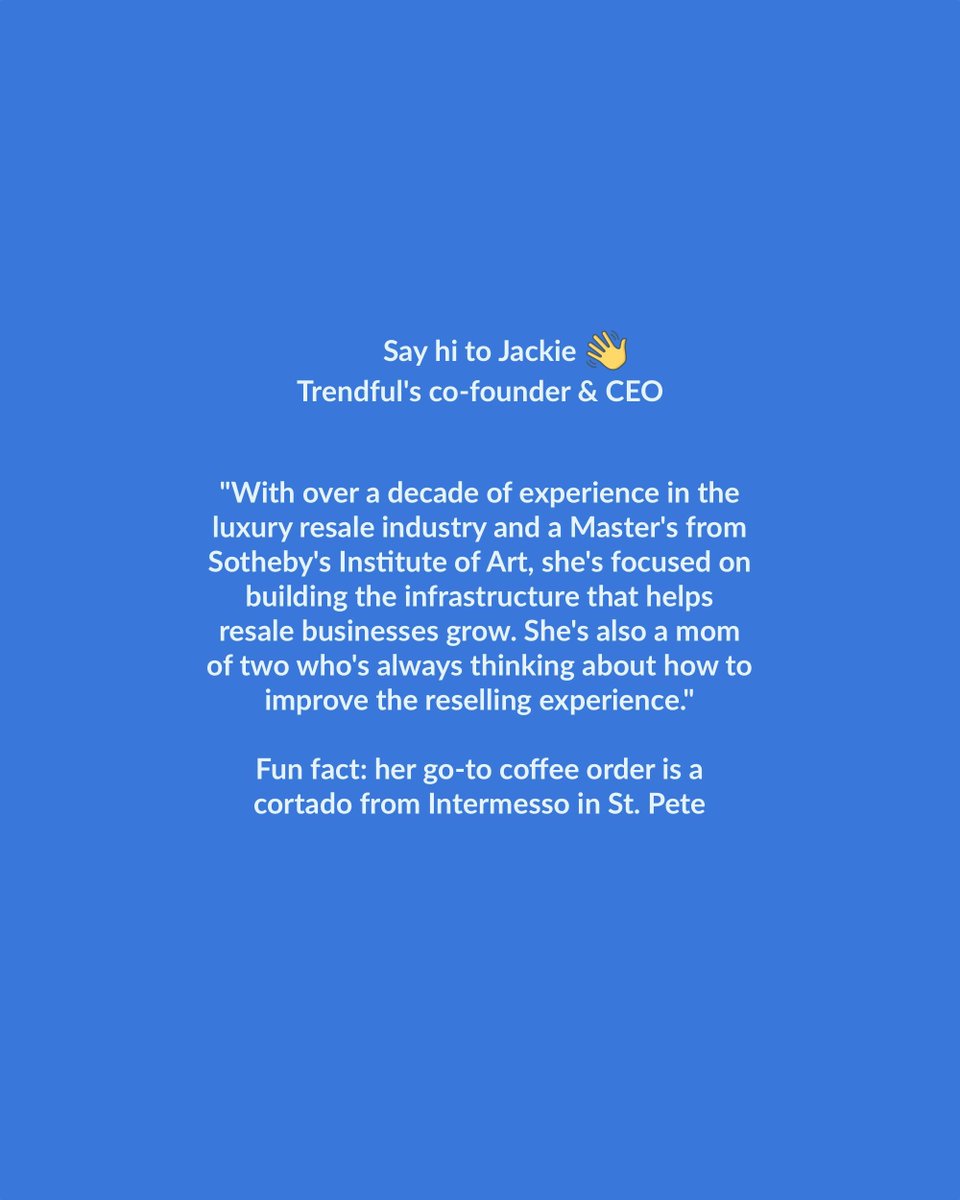 TrendfulInc's tweet image. Say hi to Trendful’s co-founder &amp;amp; CEO, Jackie! 👋
With 10+ years in luxury resale, she’s driving the future of the industry with tech that helps businesses scale smarter. 👜⚙️📈

Meet the brains behind the vision → trendful.com

#ResaleTech #FemaleFounders #trendful