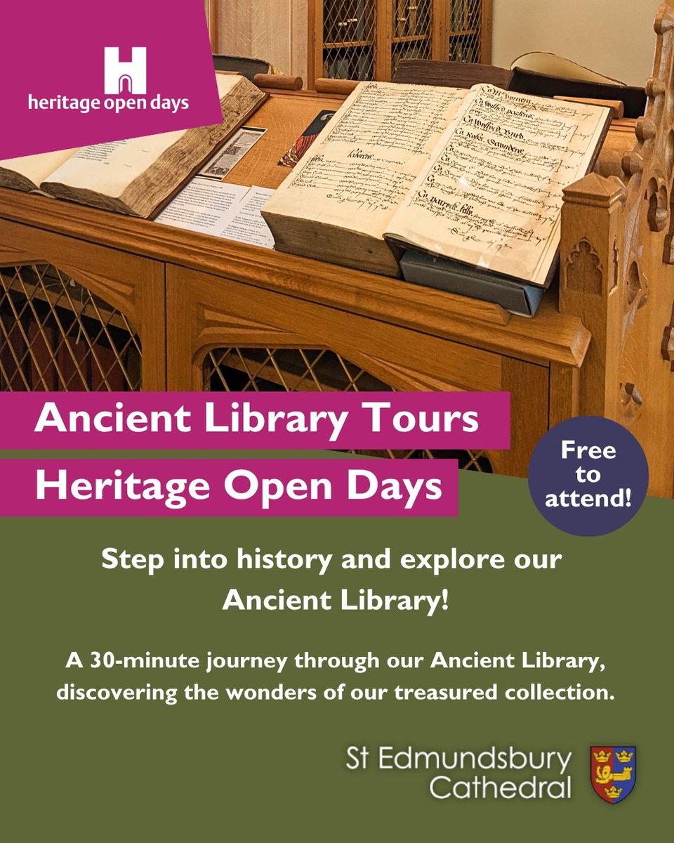 stedscath's tweet image. Step inside St Edmundsbury Cathedral this September for #HeritageOpenDays! Free tours, fascinating stories & secret spaces revealed. Perfect for history lovers and curious explorers. Sessions in the Ancient Library and Norman Tower available. More via stedscathedral.org/whats-on