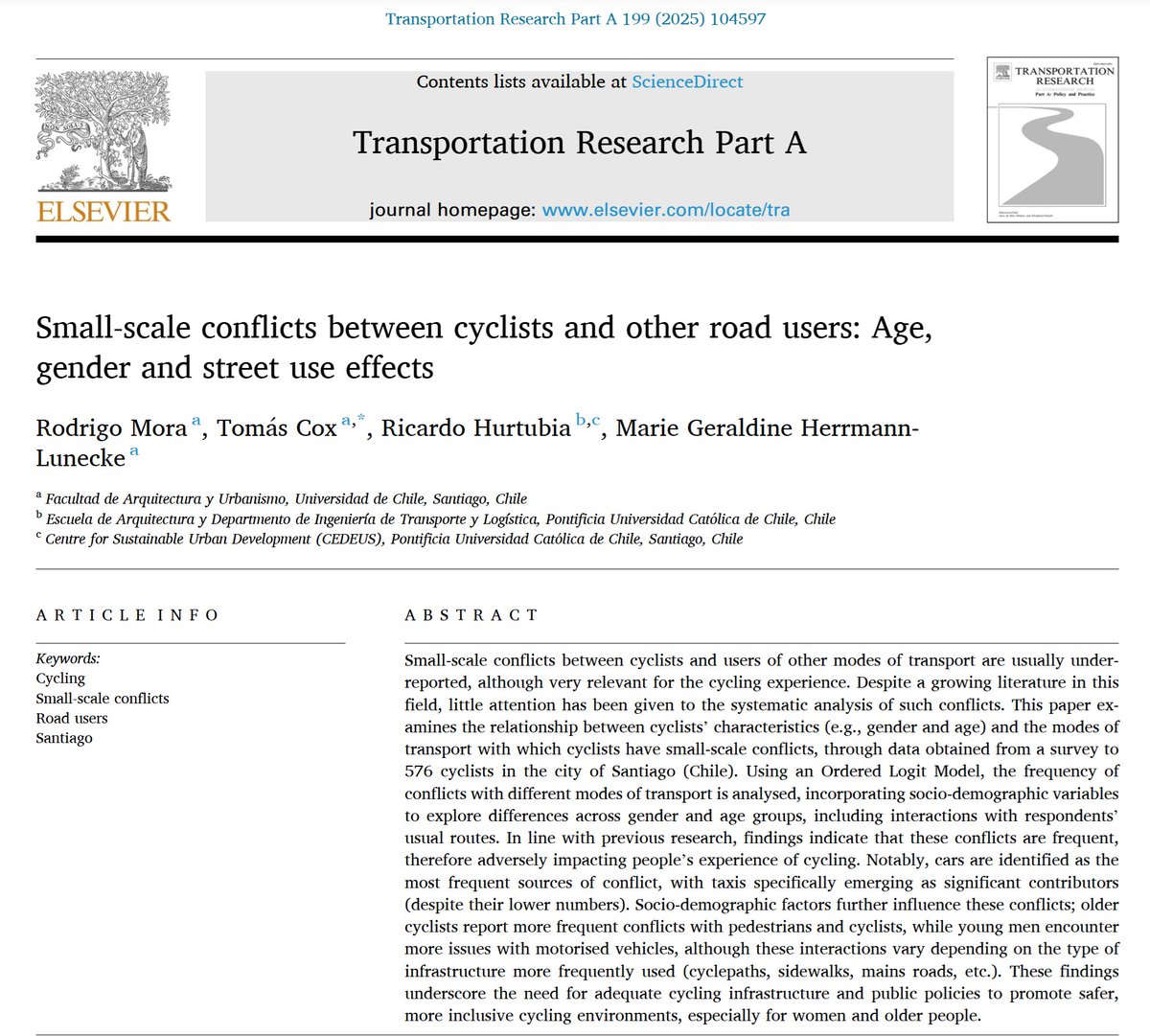 rhurtubia's tweet photo. Muy contento porque, junto a @RodMoraV @TomasCox6 y @GHerrmann_L nos publicaron este artículo en Transportation Research Part A de @Transport_ELS
En él, analizamos los llamados “conflictos menores” que experimentan ciclistas a diario [hilo] https://t.co/rvKojAn7TD