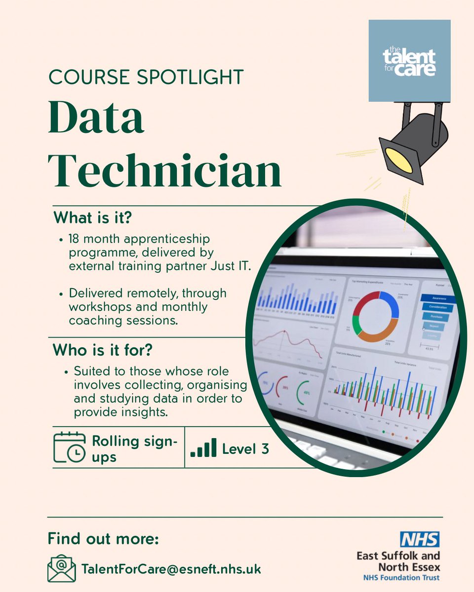 esneft_talent's tweet image. Apprenticeship Spotlight: Data Technician📊
This Level 3 apprenticeship is a popular choice for staff who work with data and want to further develop their skills 💻
Could this be the course for you? Send us an email to find out more📧
#Apprenticeships #Data #NHSCareers