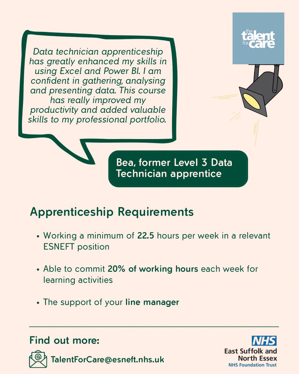 esneft_talent's tweet image. Apprenticeship Spotlight: Data Technician📊
This Level 3 apprenticeship is a popular choice for staff who work with data and want to further develop their skills 💻
Could this be the course for you? Send us an email to find out more📧
#Apprenticeships #Data #NHSCareers