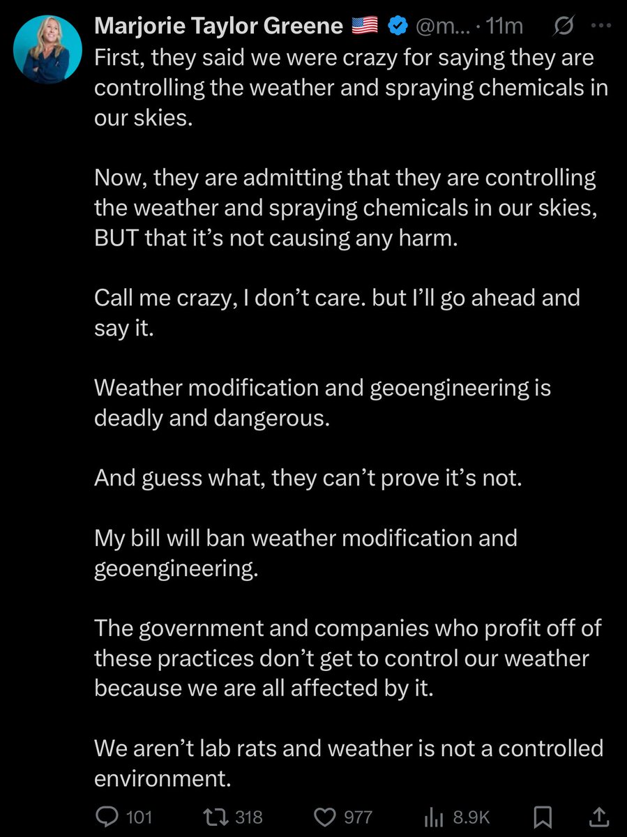 🚨🇺🇸 “Geo-Engineering is dangerous”

It’s not just America - it’s the entire World, both through Jet Fuel Additives &amp; Bespoke planes flying with the sole purpose of spraying.

Finally the entire World is realising it.