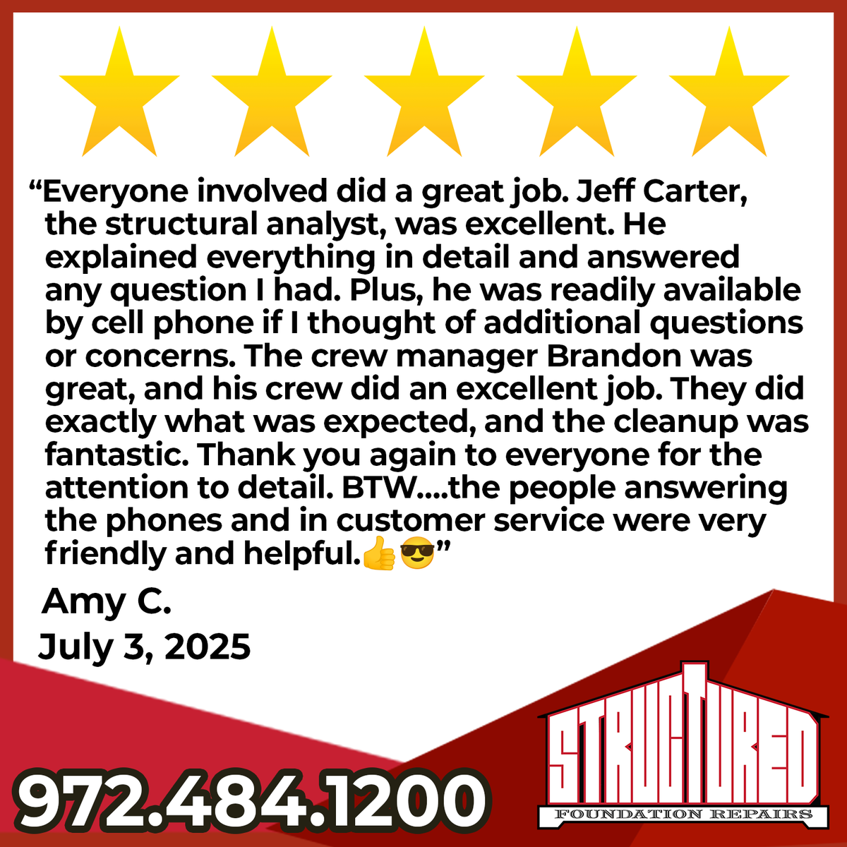It's 5-Star Friday! Check out this recent 5-star review from Amy C. Thank you, Amy, for sharing your experience with Structured!  

#5starFriday #CustomerReview #FoundationRepair #NorthTexas #DFW