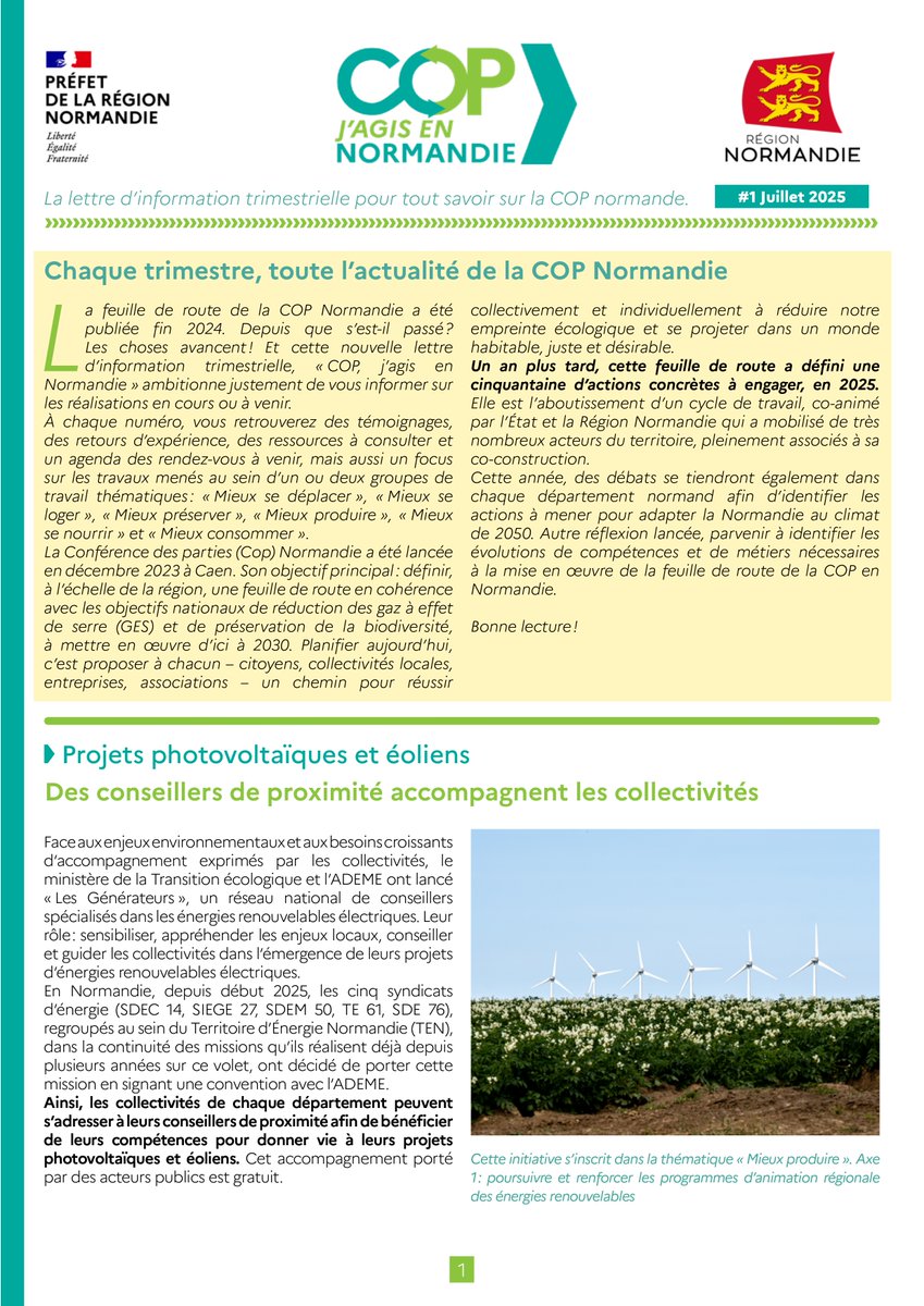 Préfet de Normandie et de la Seine-Maritime (@prefet76) on Twitter photo 📣 Envie d’une boussole sur la transition écologique en Normandie? La lettre trimestrielle «COP, j’agis en Normandie» #1 (juillet 2025) vient de paraître.
Co-animée par l’État et la <a href="/RegionNormandie/">Région Normandie</a>, elle met en lumière les actions issues de six groupes thématiques («Mieux 📣 Envie d’une boussole sur la transition écologique en Normandie? La lettre trimestrielle «COP, j’agis en Normandie» #1 (juillet 2025) vient de paraître.
Co-animée par l’État et la <a href="/RegionNormandie/">Région Normandie</a>, elle met en lumière les actions issues de six groupes thématiques («Mieux