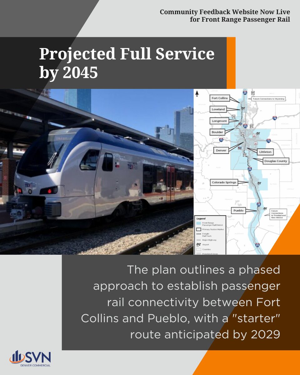 SVN_Denver's tweet image. Got thoughts on the future of rail in Colorado? The Front Range Passenger Rail project is still taking public input—explore the plan and make your voice count!
#DevelopmentSpotlight #FrontRangeRail #ColoradoTransit #cre #SVN #retwit