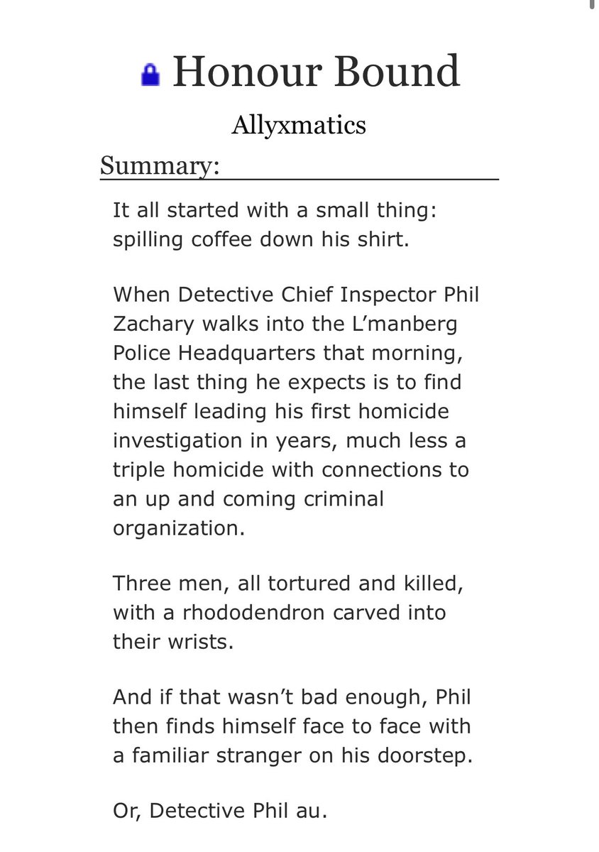 allyxmatics's tweet image. SOUND THE ALERT THERES A NEW FIC
- Detective AU
- Mafia AU
-multi chap
- Phil-centric
- CW for graphic depictions of violence (murder, torture, etc)
Chapter 1: Coffee is out now!
Thank you to my lovely beta readers @_Zelken_ and AncientCyphers (on Ao3)