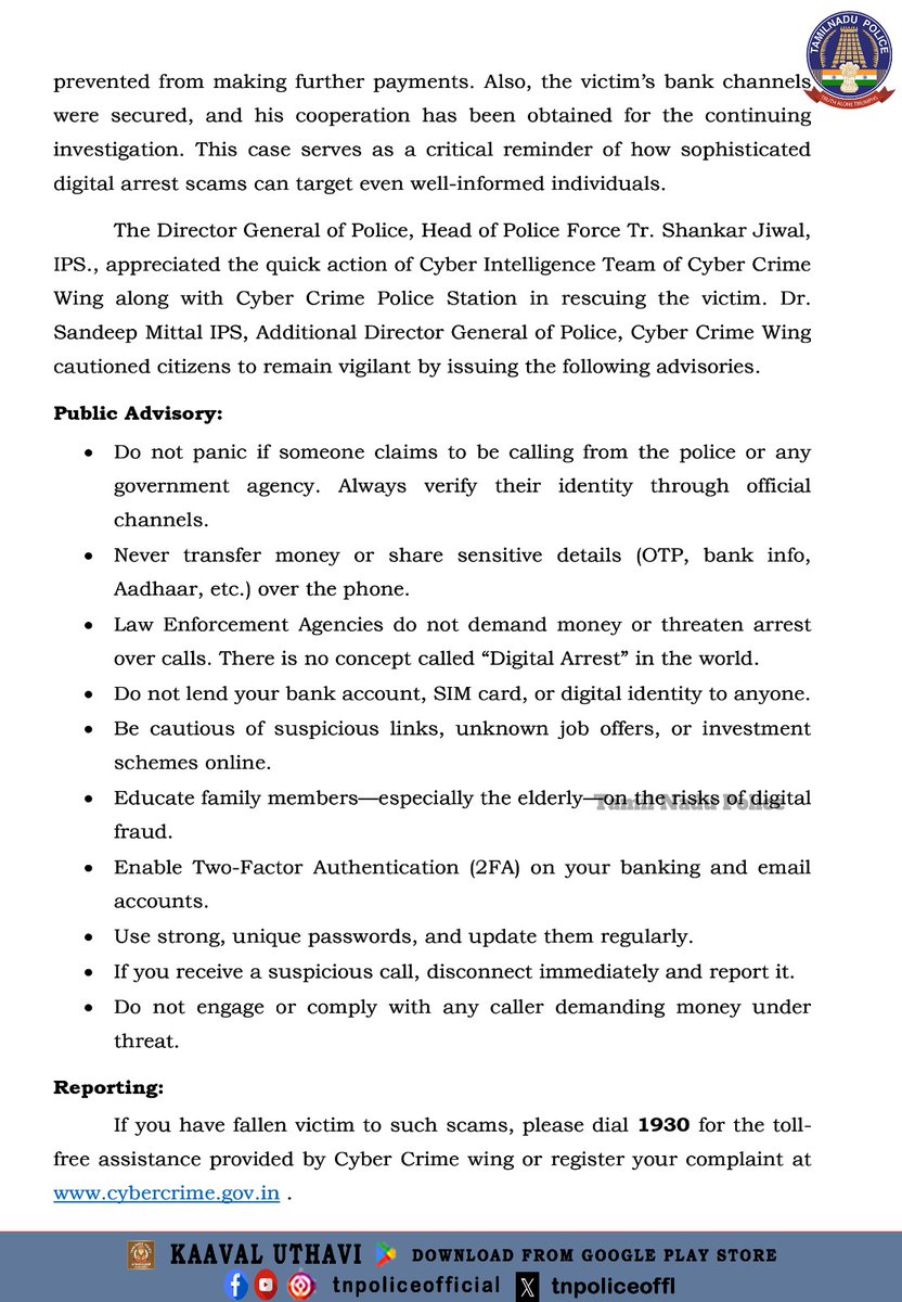 Press Note:  Cyber Crime Wing — Rescue of Doctor From Ongoing Digital Arrest Scam

play.google.com/store/apps/det…

#PressNote #DigitalArrest #ScamAlert #Cybercrime #cyberAwareness #TamilNaduPolice #TNPolice